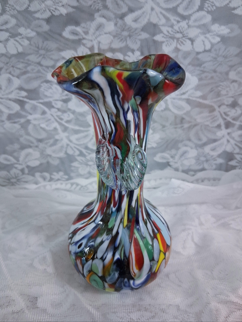 Vintage Murano Venezian Art Glass Vase Confetti Parti Toso Lobed Top